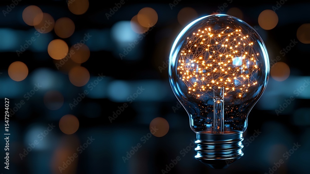 Poster glowing light bulb filled with magical golden sparkles and bokeh lights against dark background, cre