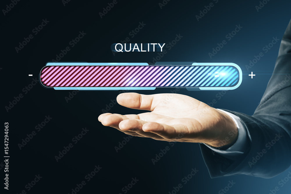 Poster Businessman hand showing glowing digital quality progress bar on dark background with futuristic light effects and web service concept.