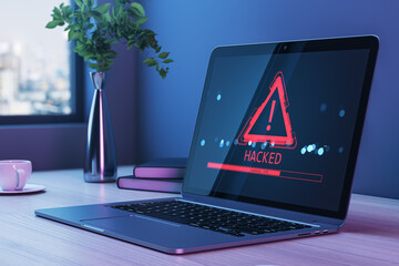 Laptop displaying red hacked warning icon with exclamation mark on screen in modern office with...