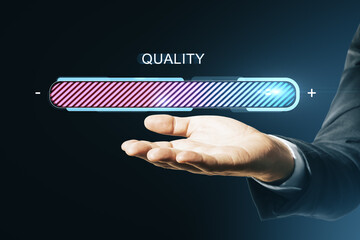 Businessman hand showing glowing digital quality progress bar on dark background with futuristic light effects and web service concept.