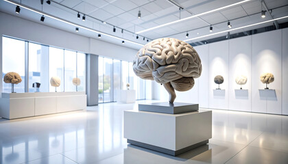A large brain sculpture on display in a modern, minimalist museum, blending art, science, and intellect.