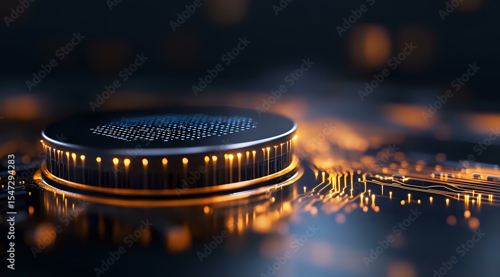 Poster futuristic microprocessor chip with glowing circuit paths and golden light effects on dark backgroun
