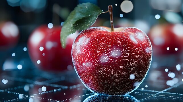 Fresh red apple with water drops on dark background with bokeh lights and reflective surface, creating magical atmosphere for food photography. - Powered by Adobe