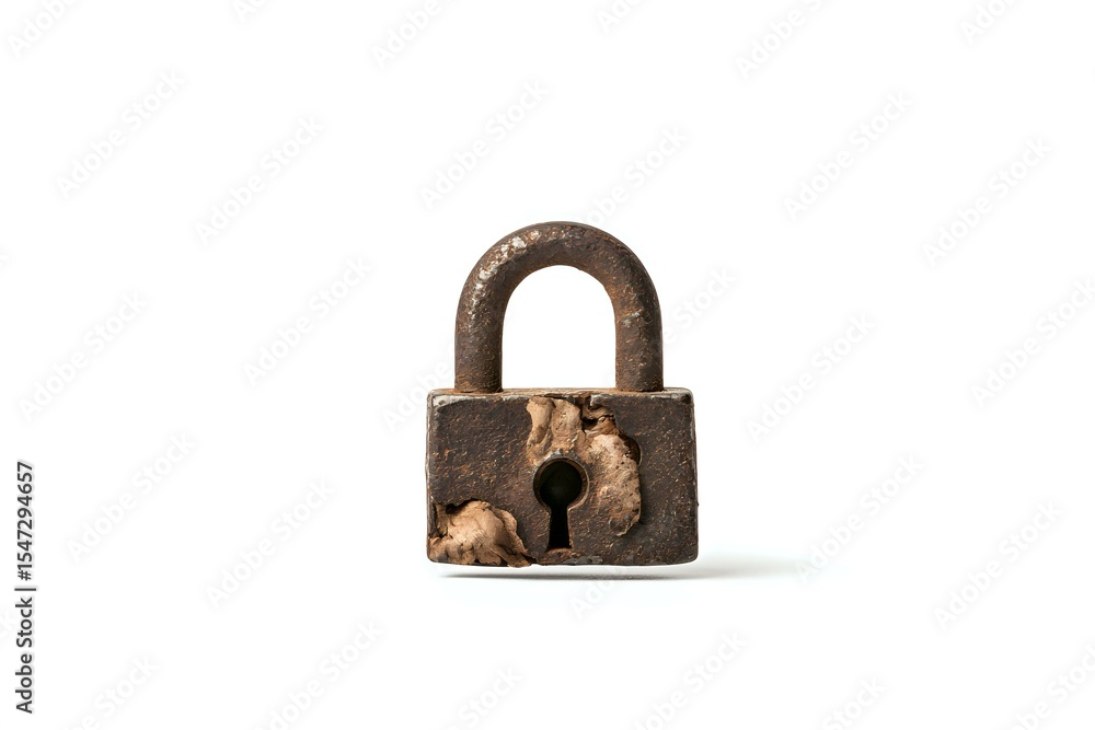Poster old rusty padlock with keyhole isolated on white background, showing weathered metal texture and age