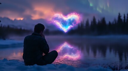 Obraz premium Silhouette of man sitting by lake at dusk with glowing heart aurora in night sky, magical northern lights reflection on water surface creates romantic atmosphere.
