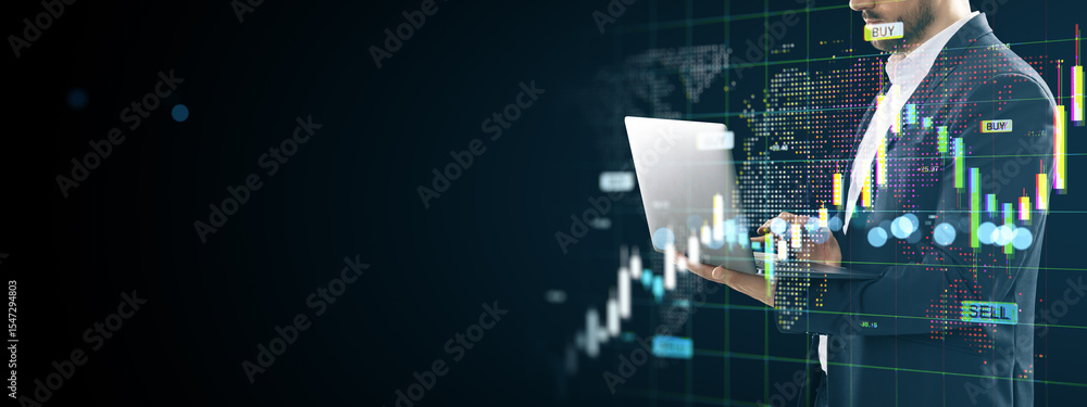 Poster businessman analyzing digital stock market data on laptop screen with financial charts and graphs on