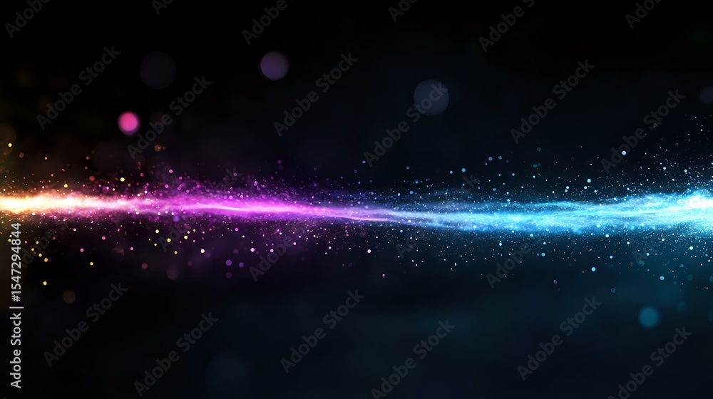 Poster glowing energy wave with colorful light trail effect and sparkling particles on dark background, abs