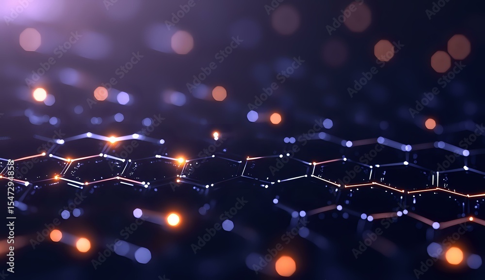Poster glowing molecular structure with hexagonal grid pattern on dark background illuminated by orange and