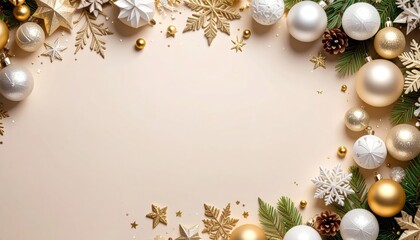 Festive christmas decoration display indoor setting aesthetic background with ornaments and foliage warm atmosphere top-down view holiday spirit