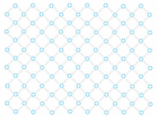 A seamless, repeating pattern featuring intricate light blue floral designs within a grid of light gray lines on a white background.