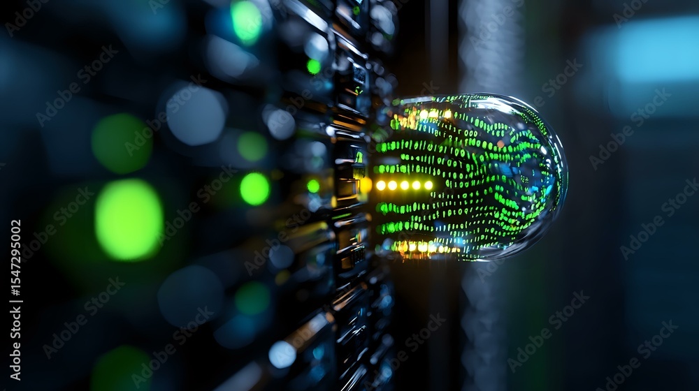 Poster glowing led light bulb with binary code projection creating futuristic technology concept against da