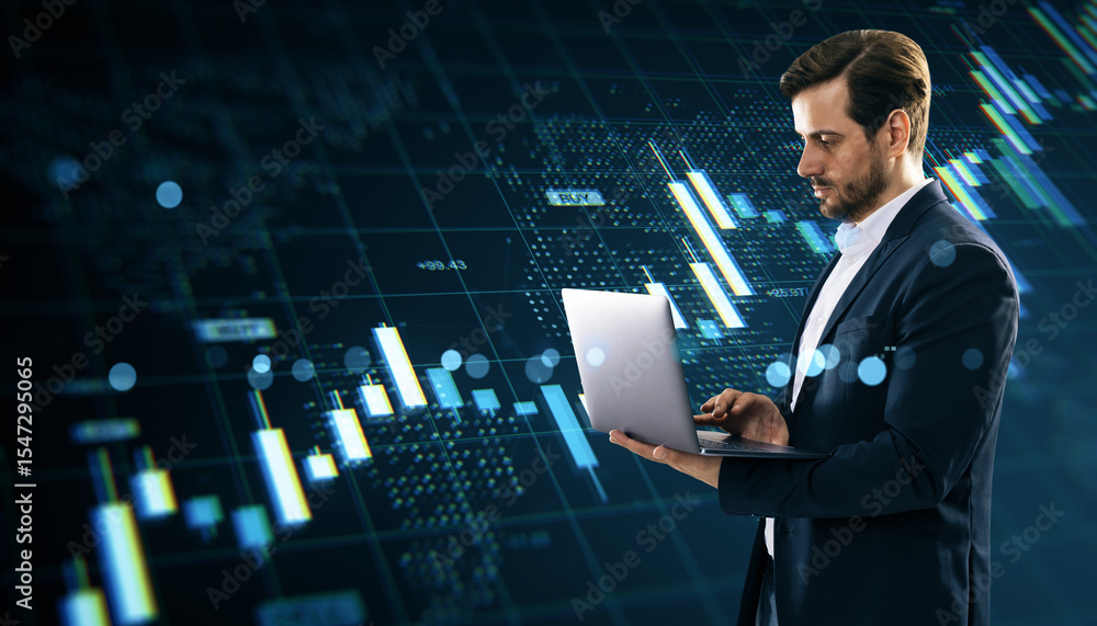 Poster businessman analyzing forex market data on laptop with digital financial charts and stock exchange g