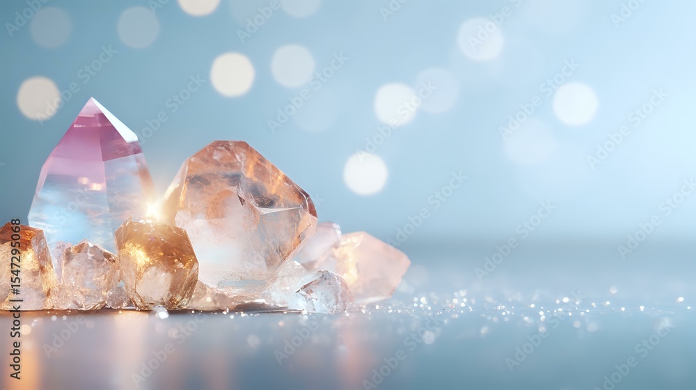 Poster glowing crystal quartz clusters on reflective surface with soft bokeh lights in blue background crea