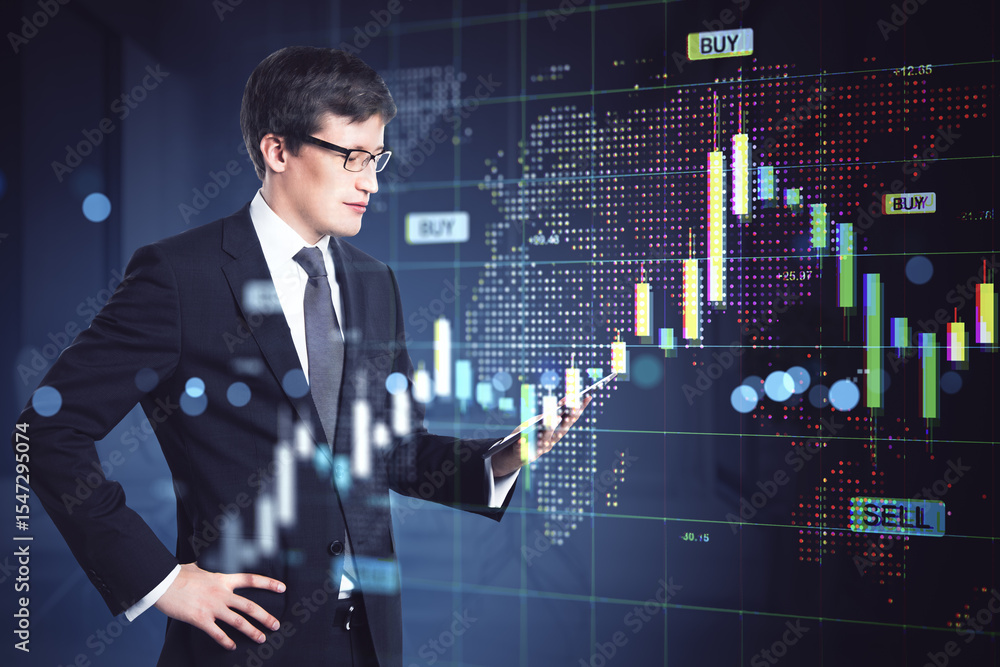 Aufkleber Business trader analyzing stock market data on smartphone with financial graphs and charts in digital interface over dark futuristic background.