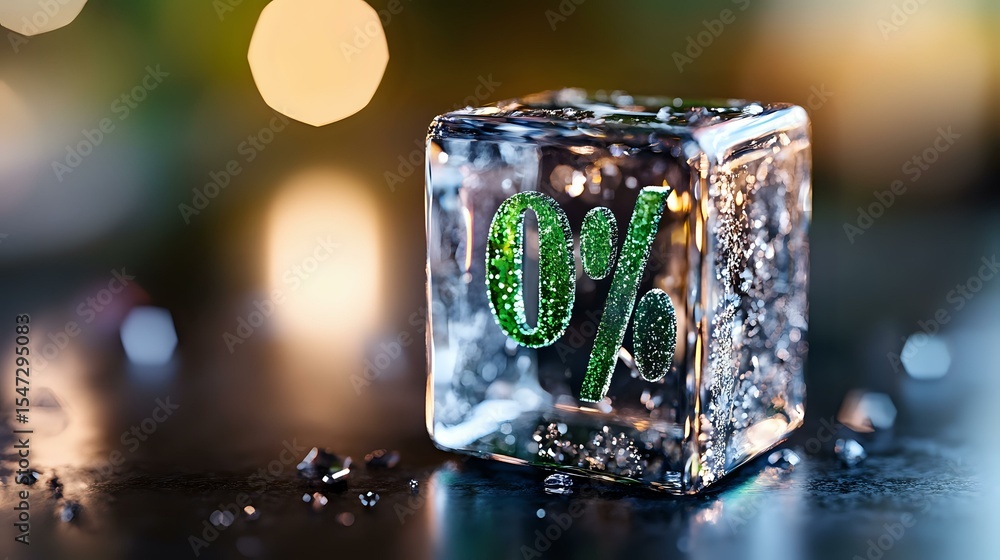 Poster glowing green ok text frozen inside crystal clear ice cube with water drops and bokeh lights on dark