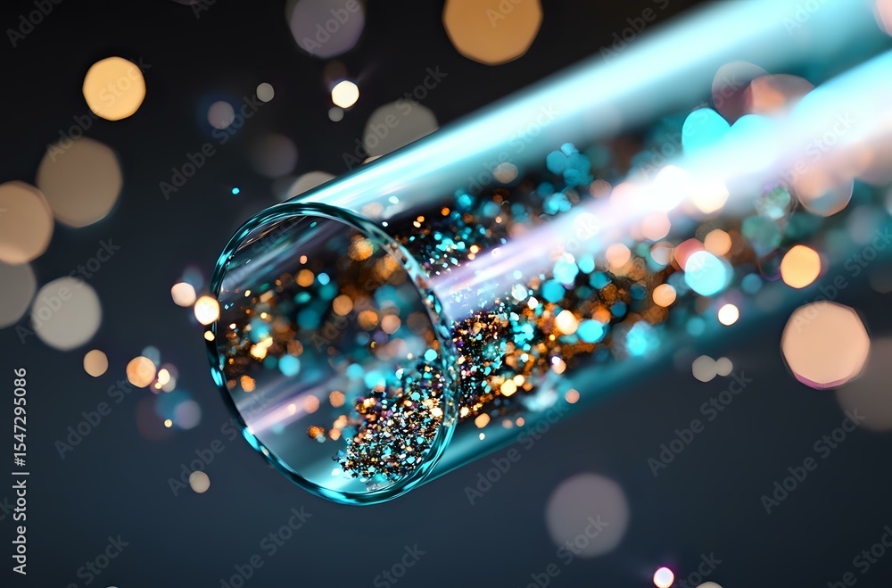 Poster glowing particles and sparkles float inside glass test tube with turquoise light on dark background 
