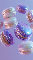 Magical floating macarons in pastel purple and pink with holographic glitter effect against soft purple background, creating dreamy cosmic dessert composition.