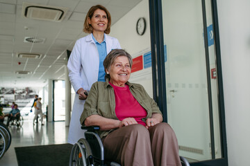 Geriatric doctor pushing a patient in a wheelchair down a hospital hallway.