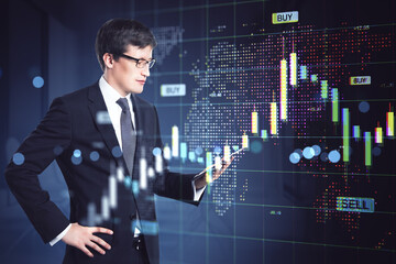 Business trader analyzing stock market data on smartphone with financial graphs and charts in digital interface over dark futuristic background.