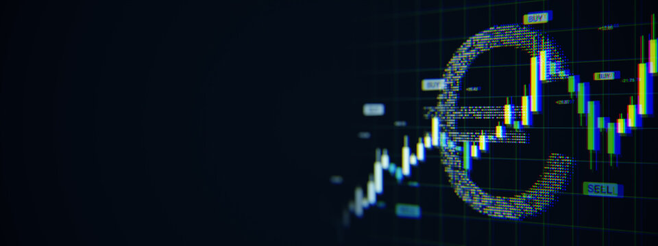 Digital euro currency index chart with glowing candlestick graph and financial trade signals on modern screen background for economic analysis. 3D Rendering