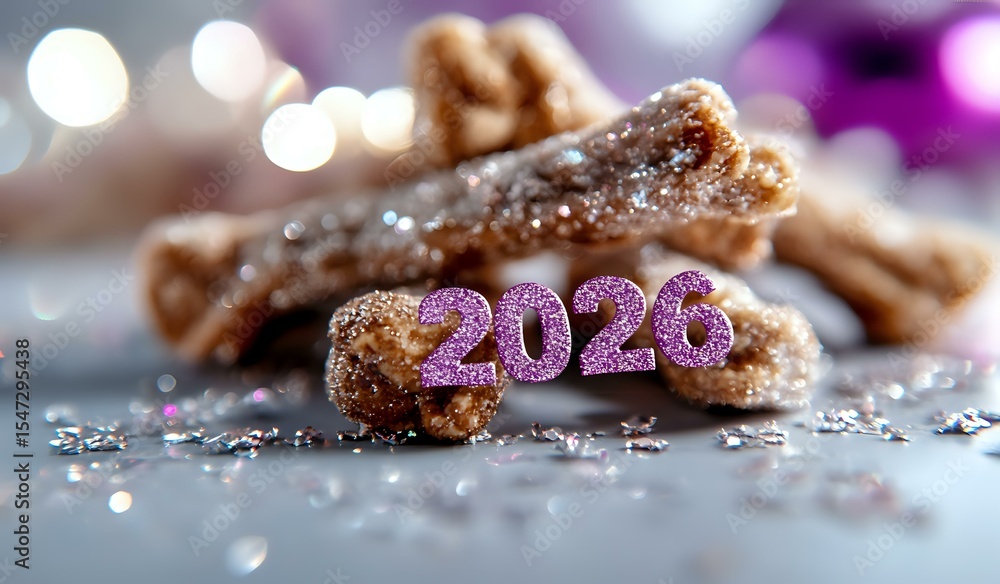 Poster festive composition with glittery purple numbers 2020 and cinnamon sticks dusted with sugar crystals