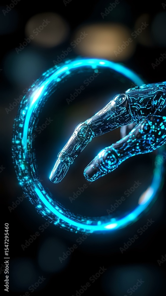 Poster glowing robotic hand reaches toward luminous blue circle against dark background, creating futuristi