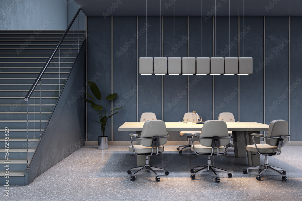 Poster modern boardroom interior with elegant lighting and office chairs under staircase in a dark corporat