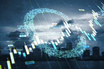 Euro currency digital symbol overlaid with financial stock chart on cityscape background, representing virtual finance and market economy concept.
