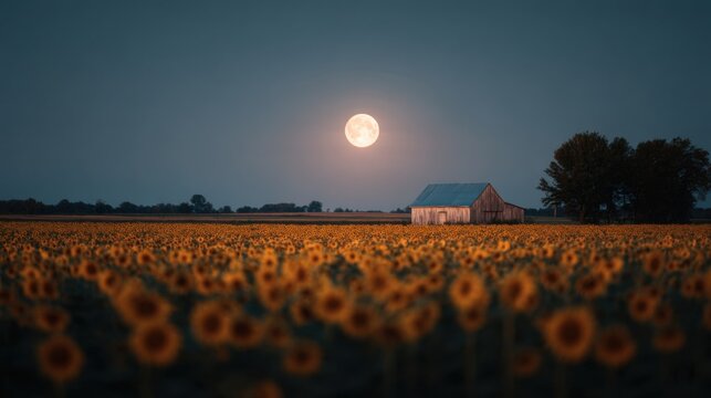 A Full Moon Illuminates A Golden Sunflower Field