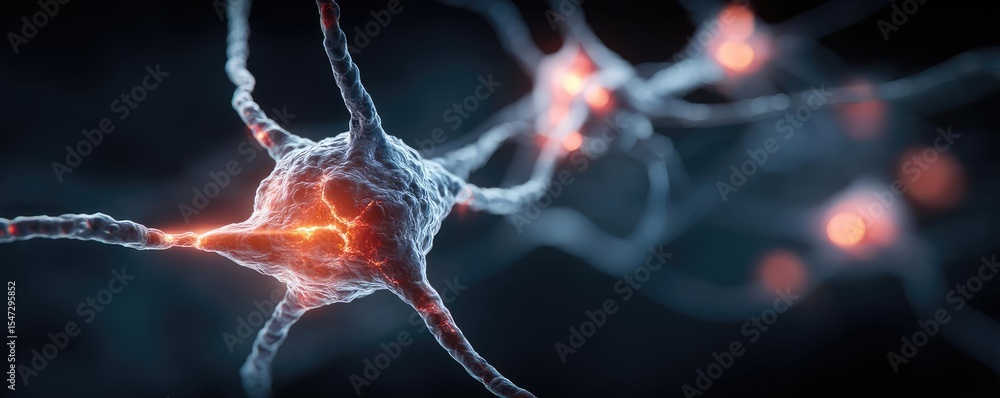 Poster Neurotransmitter imbalance affects dopamine pathway concept. High-resolution image of a neuron with glowing connections.