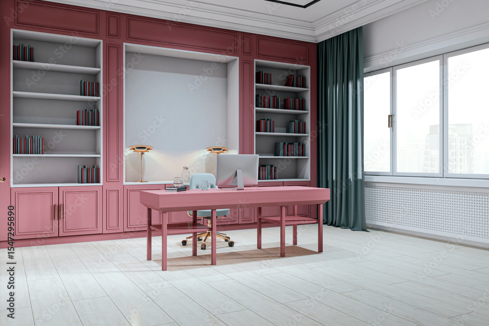 Aufkleber modern executive office interior with pink desk and built-in bookshelves in luxury workspace setting