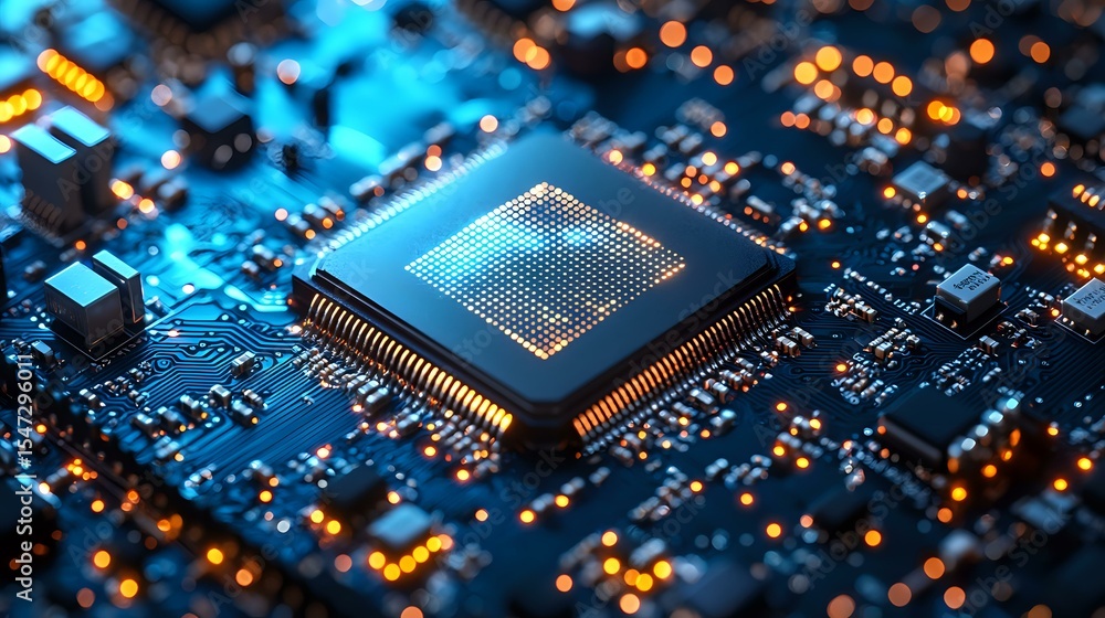 Poster microprocessor unit on blue circuit board with glowing orange lights and electronic components. clos