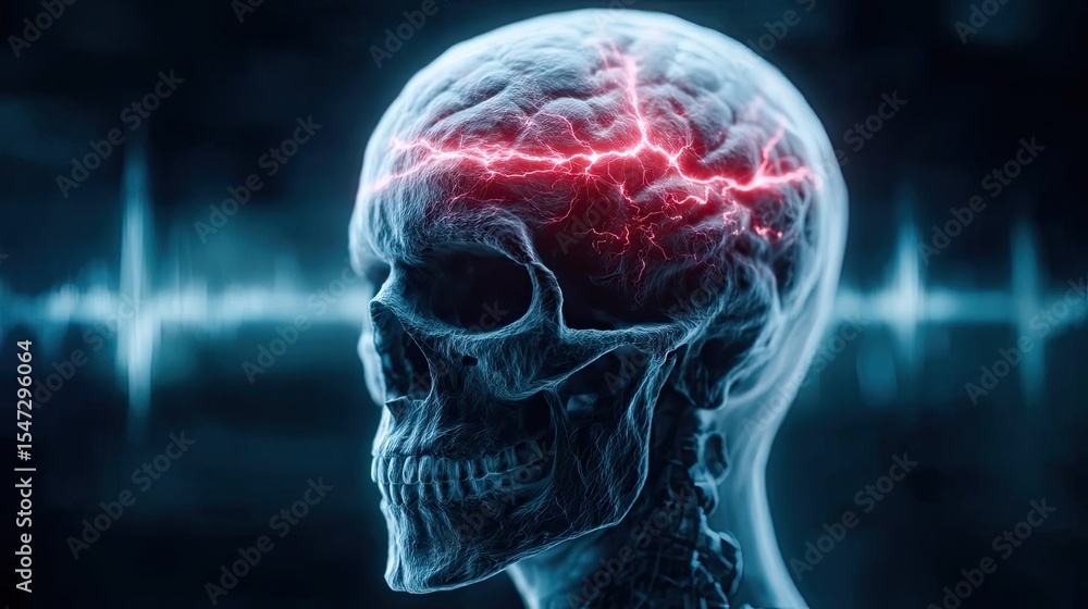 Poster dopamine regulation and pathway disruption concept. illustration of a skull highlighting brain activ