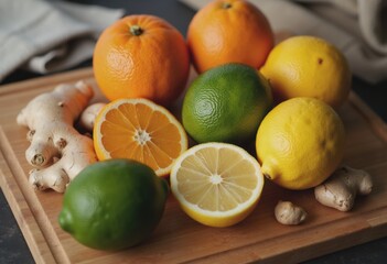 Fresh citrus fruits and ginger root arranged on a wooden board