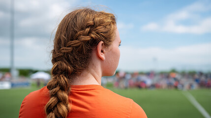 Back view of a female spectator at a lacrosse game. Copy space image. Place for adding text and design
