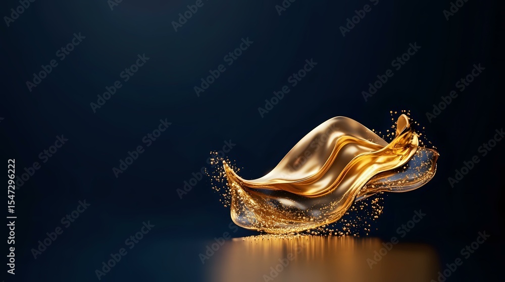 Aufkleber glowing golden liquid splash with dark particles creating dynamic wave shape against deep blue backg