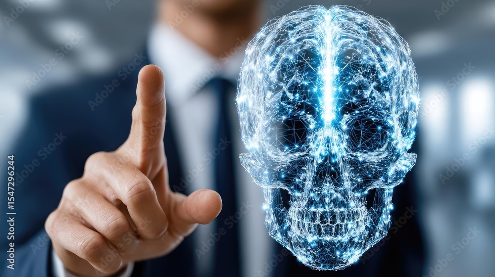 Poster dopamine regulation and pathway disruption concept. digital interaction with a holographic skull con