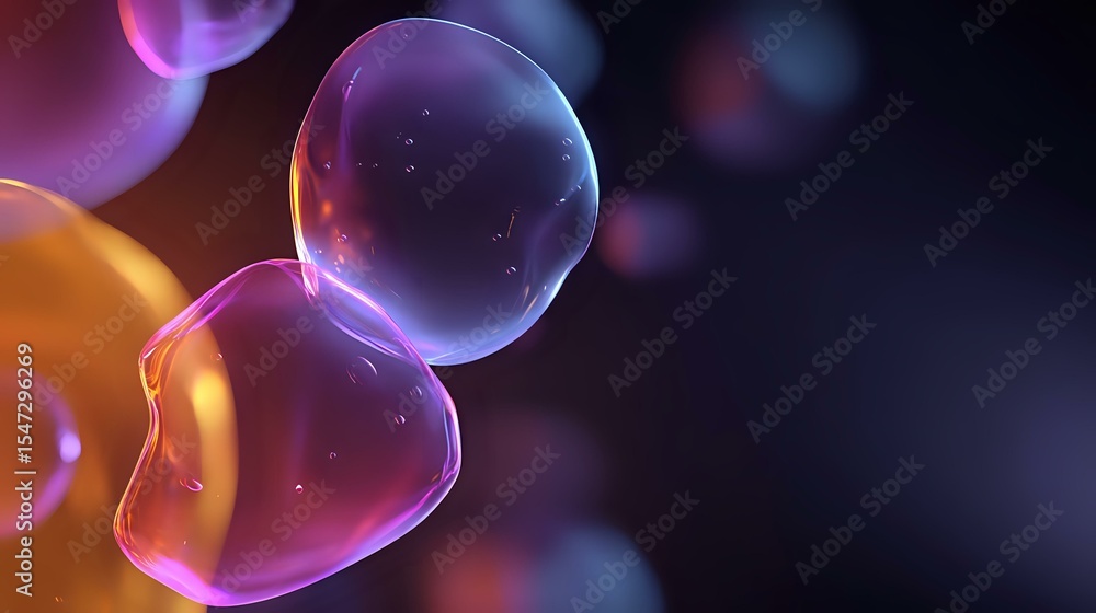 Poster glowing translucent spheres with orange and purple gradient colors floating in dark space, abstract 