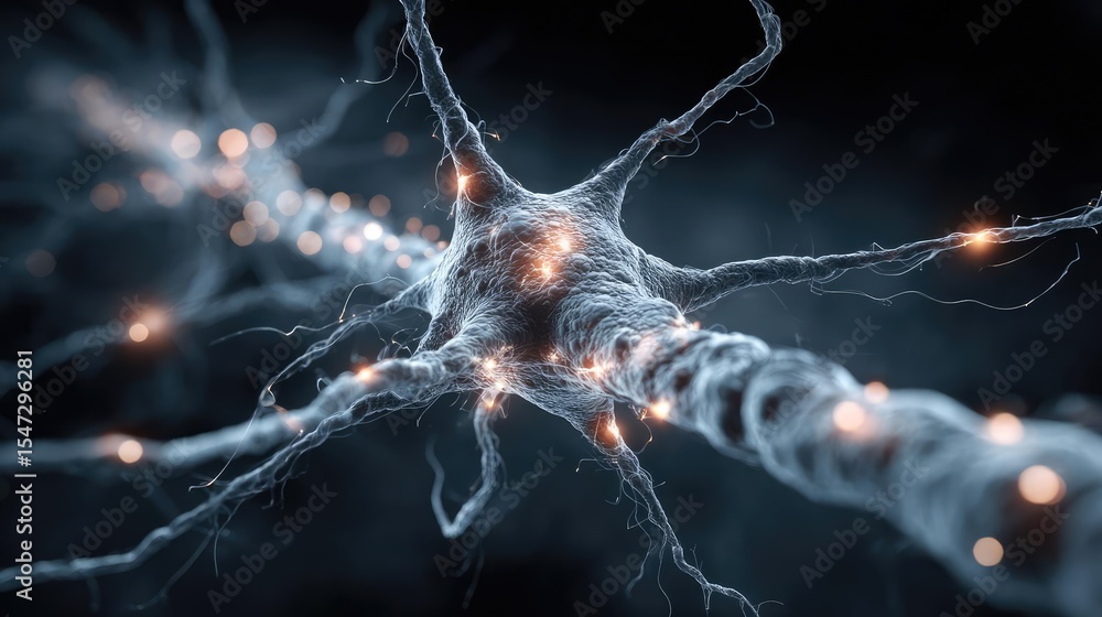 Poster Neurotransmitter imbalance affects dopamine pathway concept. Intricate view of a neuron showcasing neural connections.
