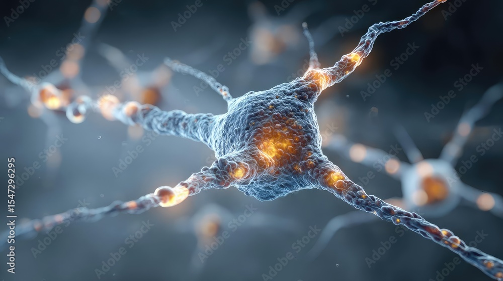 Poster Neurotransmitter imbalance affects dopamine pathway concept. Detailed close-up of a neuron with vibrant color and style.