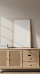 Wooden Frame Mockup on a Japandi Rattan Sideboard with Natural Sunlight