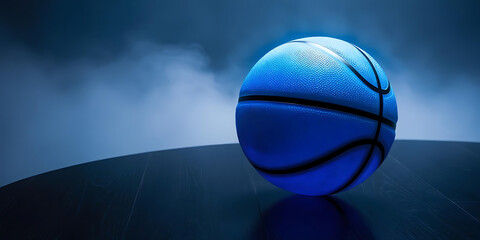 Blue basketball on dark surface with misty dramatic blue background

