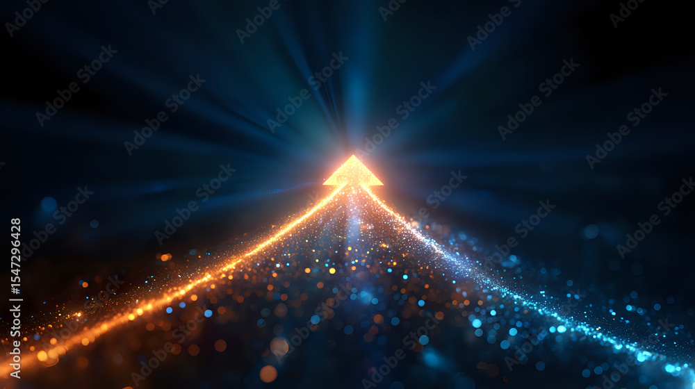 Poster glowing arrow path with orange and blue light rays emerging from central point against dark backgrou