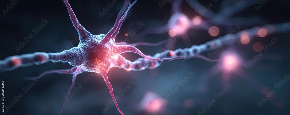 Poster Neurotransmitter imbalance affects dopamine pathway concept. Close-up view of neurons illustrating brain connectivity.