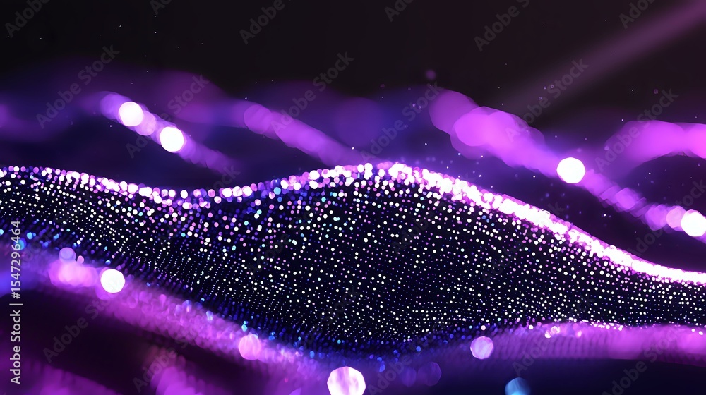 Poster glowing purple waves with sparkling particles and bokeh lights creating magical abstract background 