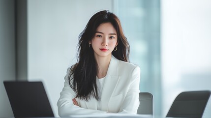 Smiling Korean woman using laptop in professional office setting