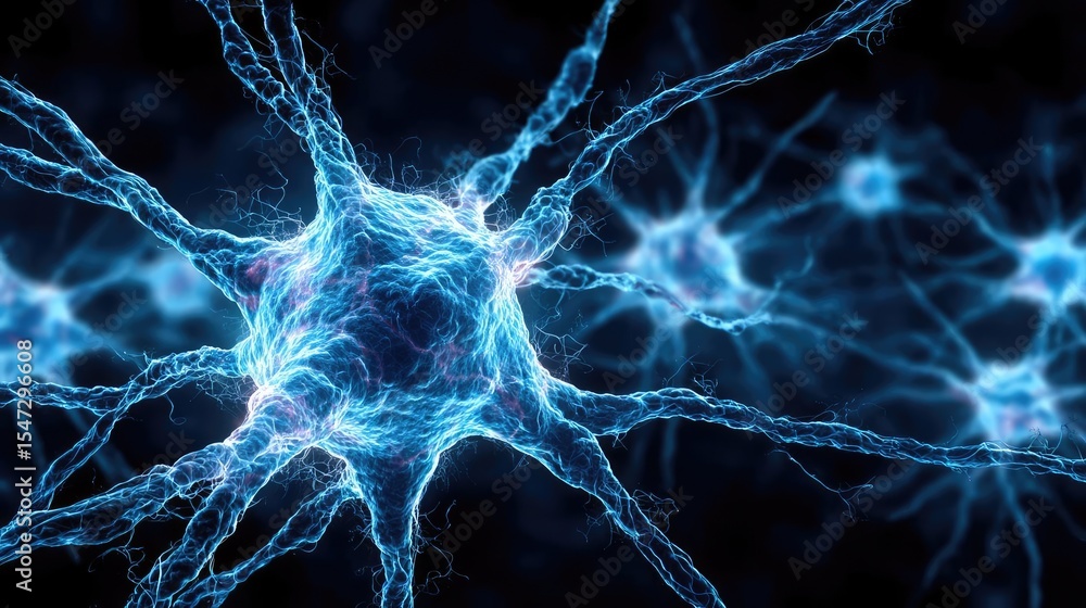 Poster Neurotransmitter imbalance affects dopamine pathway concept. Close-up of a neuron cell displaying electrical activity.