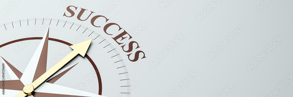 Poster golden compass needle pointing to the word success on a clean grey background symbolizing guidance, 