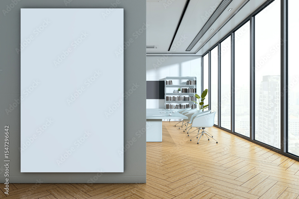Poster vertical blank canvas mockup on wall in modern office boardroom interior with window city view and s