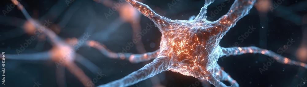 Poster neurotransmitter imbalance affects dopamine pathway concept. close-up image of a glowing neuron show